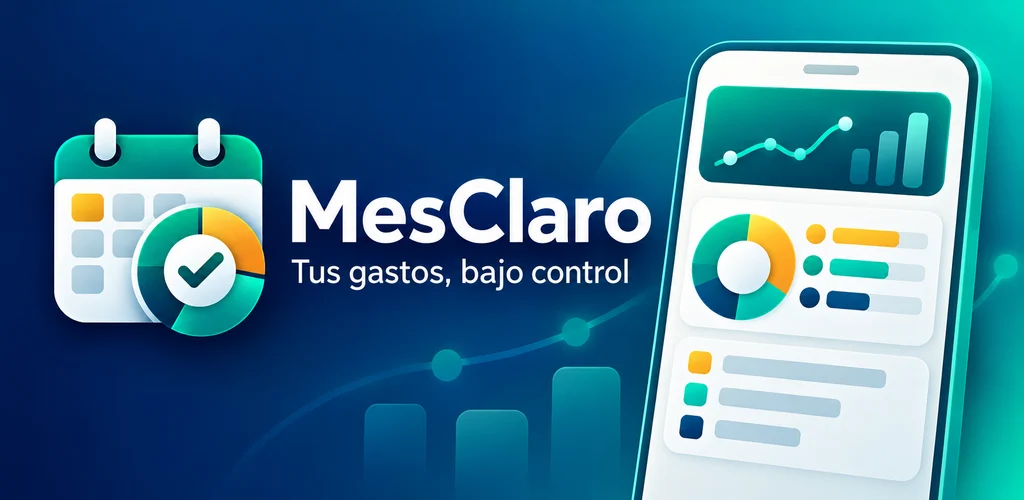 MesClaro: icono de un calendario con un gráfico circular, junto a un teléfono que muestra gráficos de gastos.