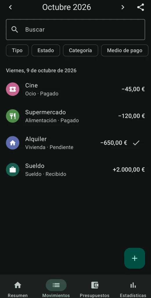 Pantalla Movimientos: lista de ingresos y gastos del día con buscador y filtros por tipo, estado y categoría.